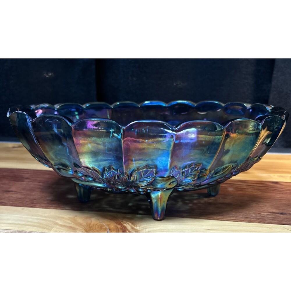 Indiana Glass Co Vintage Iridescent Blue Carnival Harvest Fruit Oval Footed Bowl